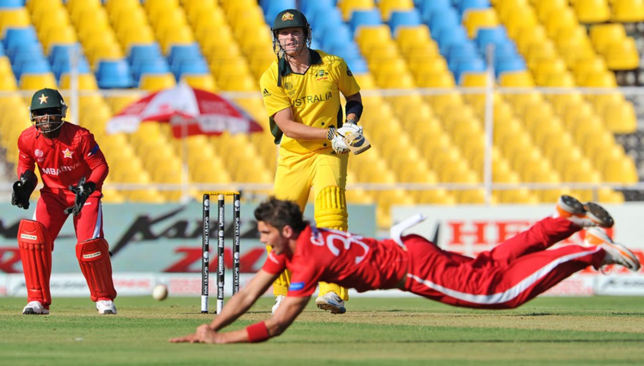 Graeme Cremer dives to stop a shot from Cameron White, Australia v Zimbabwe, Group A, World Cup 2011, Ahmedabad, February 21, 2011