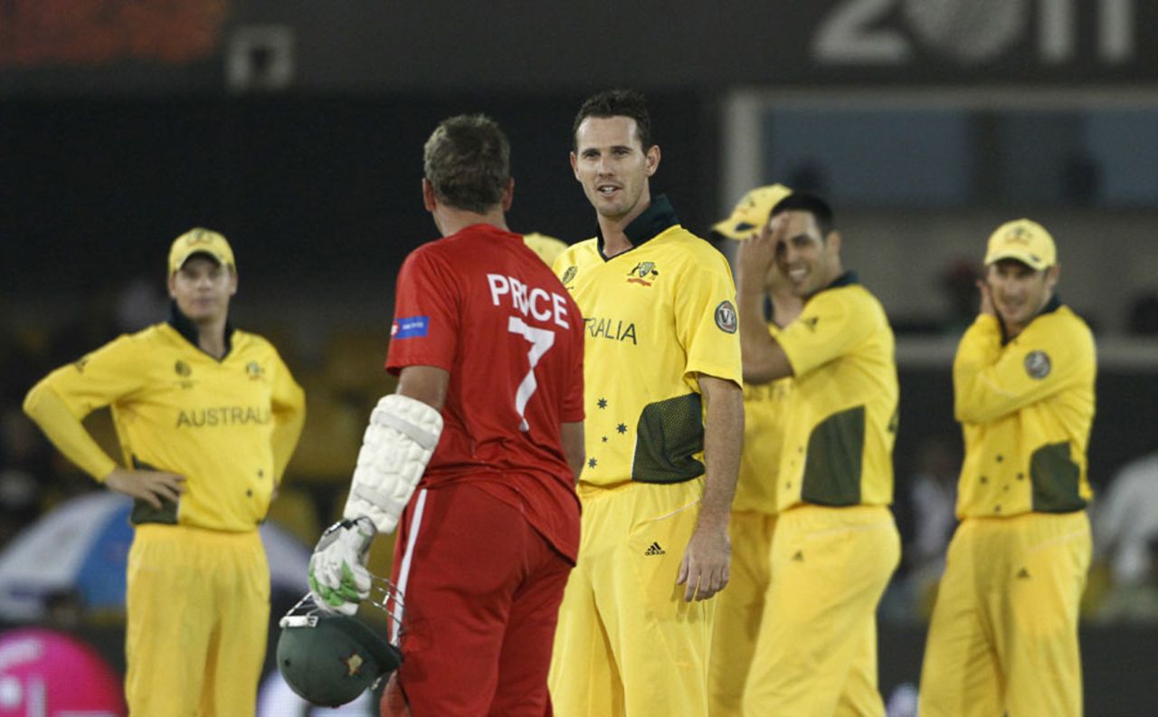 Ray Price and Shaun Tait have a word at the end of the game, Australia v Zimbabwe, Group A, World Cup 2011, Ahmedabad, February 21, 2011