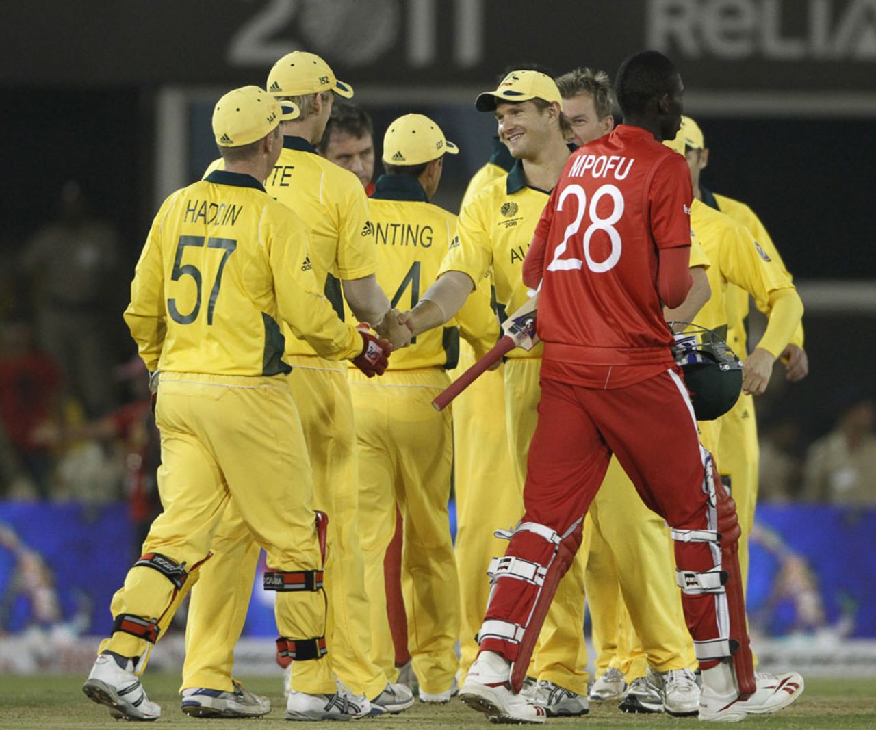 Australia's players congratulate each other on their 91-run victory, Australia v Zimbabwe, Group A, World Cup 2011, Ahmedabad, February 21, 2011
