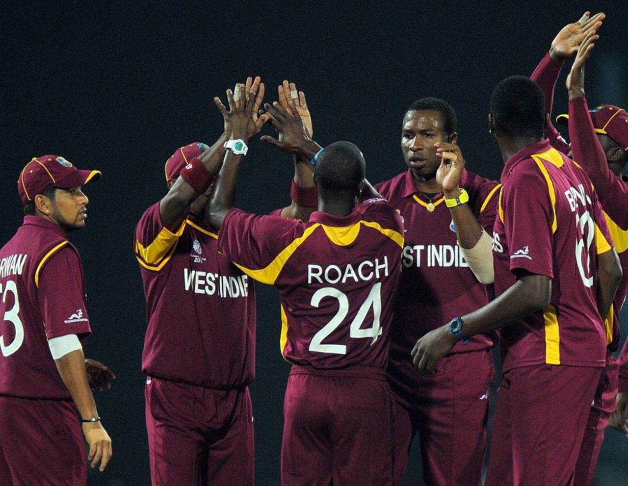 Team-mates congratulate Kemar Roach after he dismissed Hashim Amla, South Africa v West Indies, World Cup, Group B, Delhi, February 24, 2011