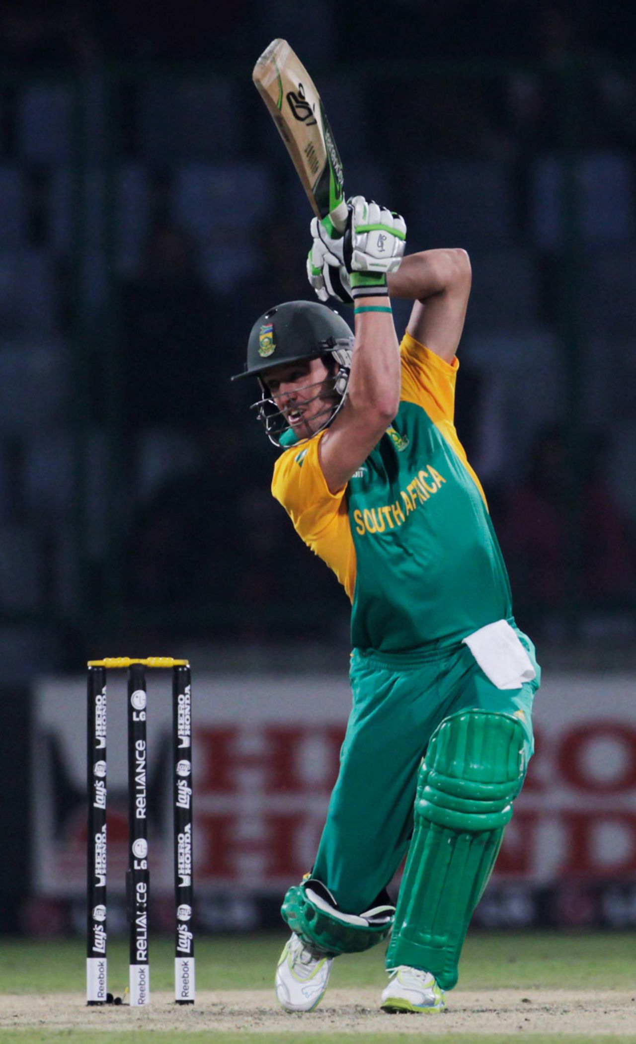 AB de Villiers plays a shot as he steadies South Africa's chase, South Africa v West Indies, World Cup, Group B, Delhi, February 24, 2011