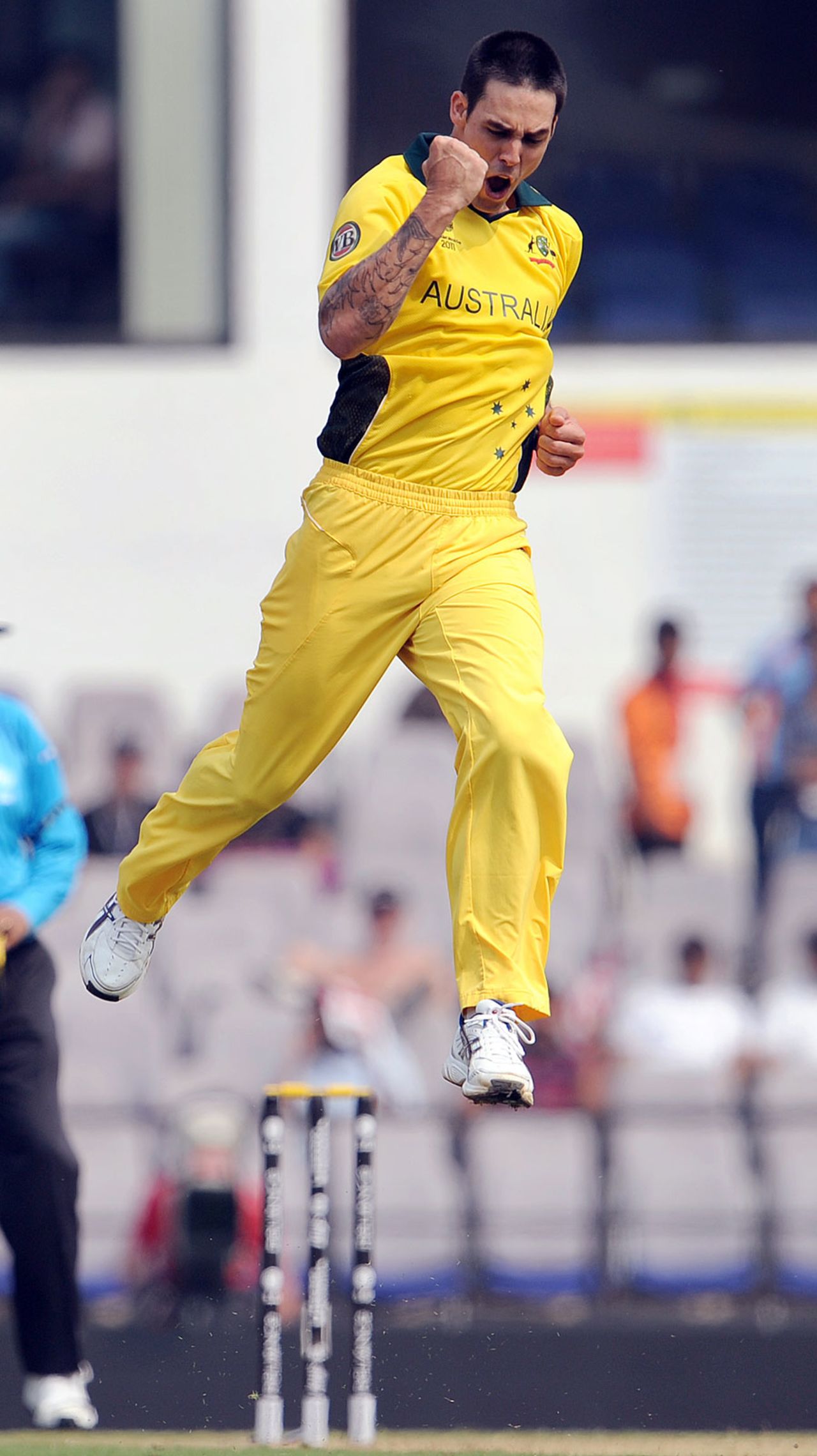 Mitchell Johnson goes airborne in celebration, Australia v New Zealand, World Cup, Group A, Nagpur, February 25, 2011