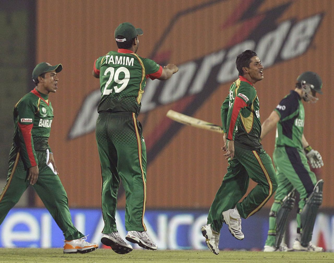 Mohammad Ashraful celebrated wildly after picking up the crucial wicket of Ed Joyce, Bangladesh v Ireland, World Cup 2011, Mirpur, February 25, 2010
