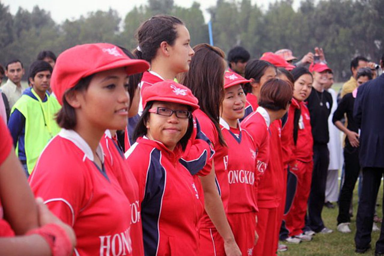 Betty Chan and the rest of the Hong Kong team line up for the awards ceremony following the final of the ACC Women's Twenty20 Championships in Kuwait on 25th February 2011