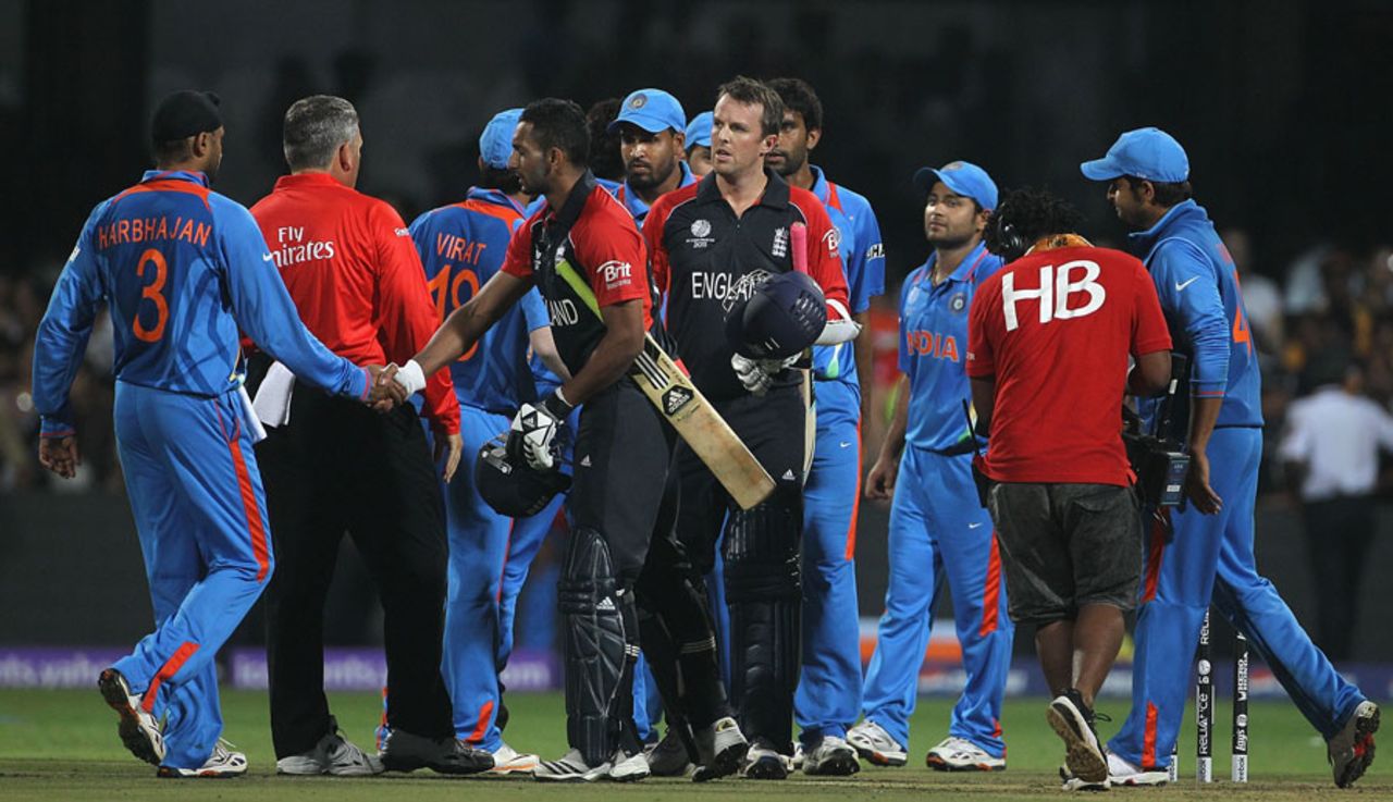 India and England's players congratulate each other after a thrilling tie, India v England, World Cup, Group B, Bangalore, February 27, 2011