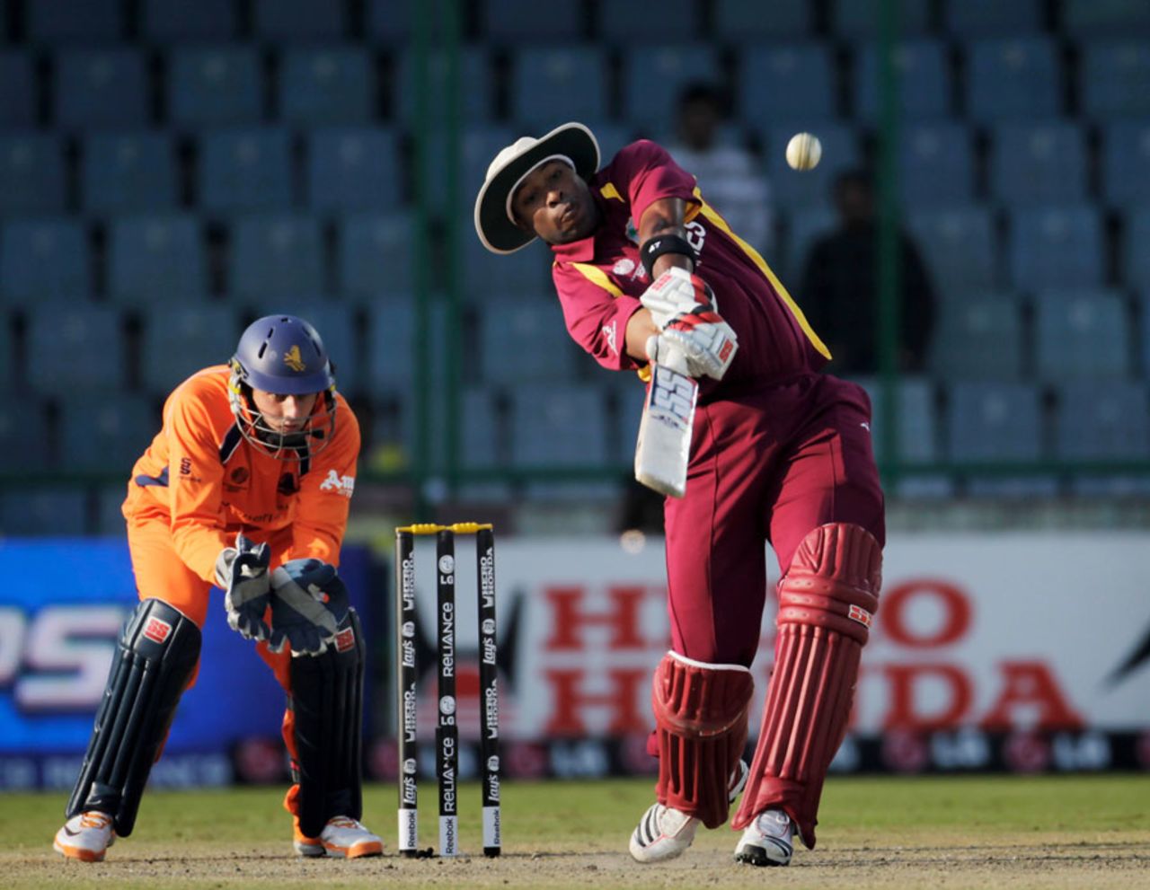 Kieron Pollard hits the ball into the stands, Netherlands v West Indies, Group B, World Cup 2011, Delhi, February 28, 2011