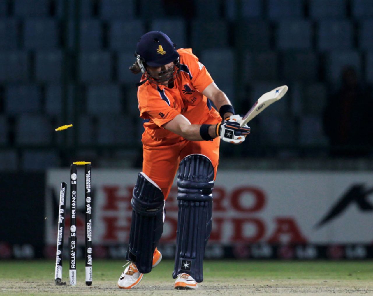 Bas Zuiderent is bowled by Kemar Roach, Netherlands v West Indies, Group B, World Cup 2011, Delhi, February 28, 2011