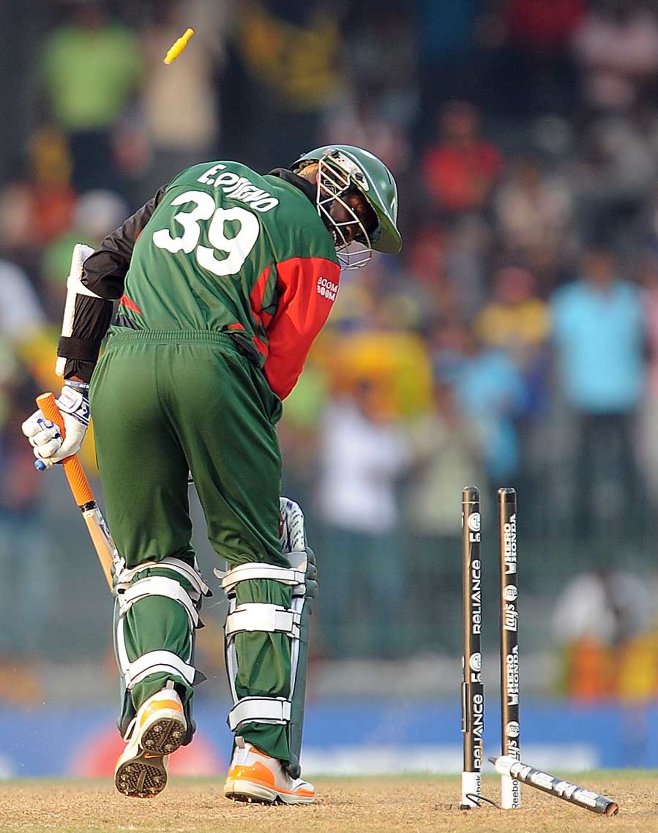 Elijah Otieno watches his stump get uprooted, Sri Lanka v Kenya, Group A, World Cup 2011, Colombo, March 1, 2011