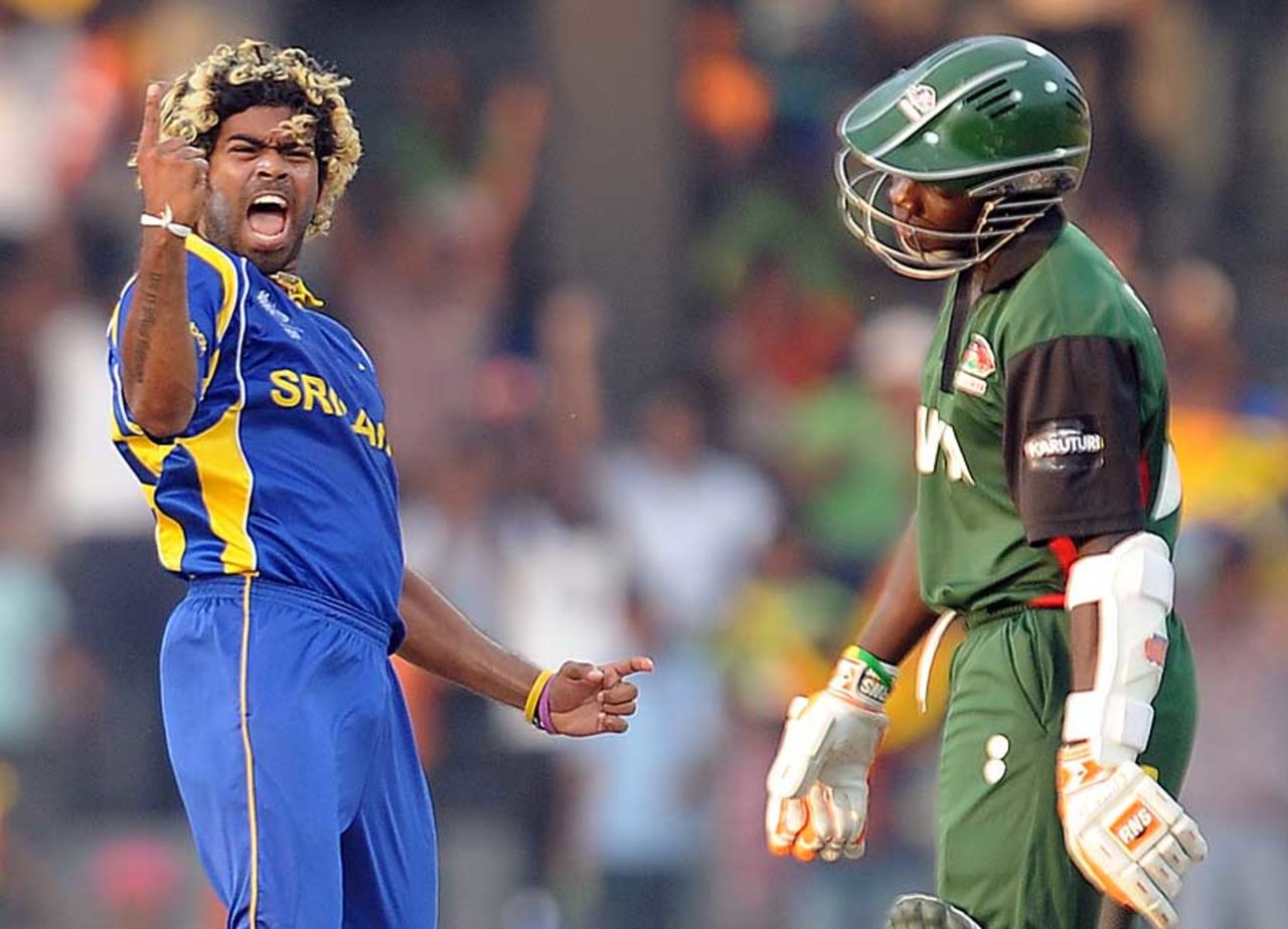 Lasith Malinga sees off Shem Ngoche to complete his hat-trick, Sri Lanka v Kenya, Group A, World Cup 2011, Colombo, March 1, 2011