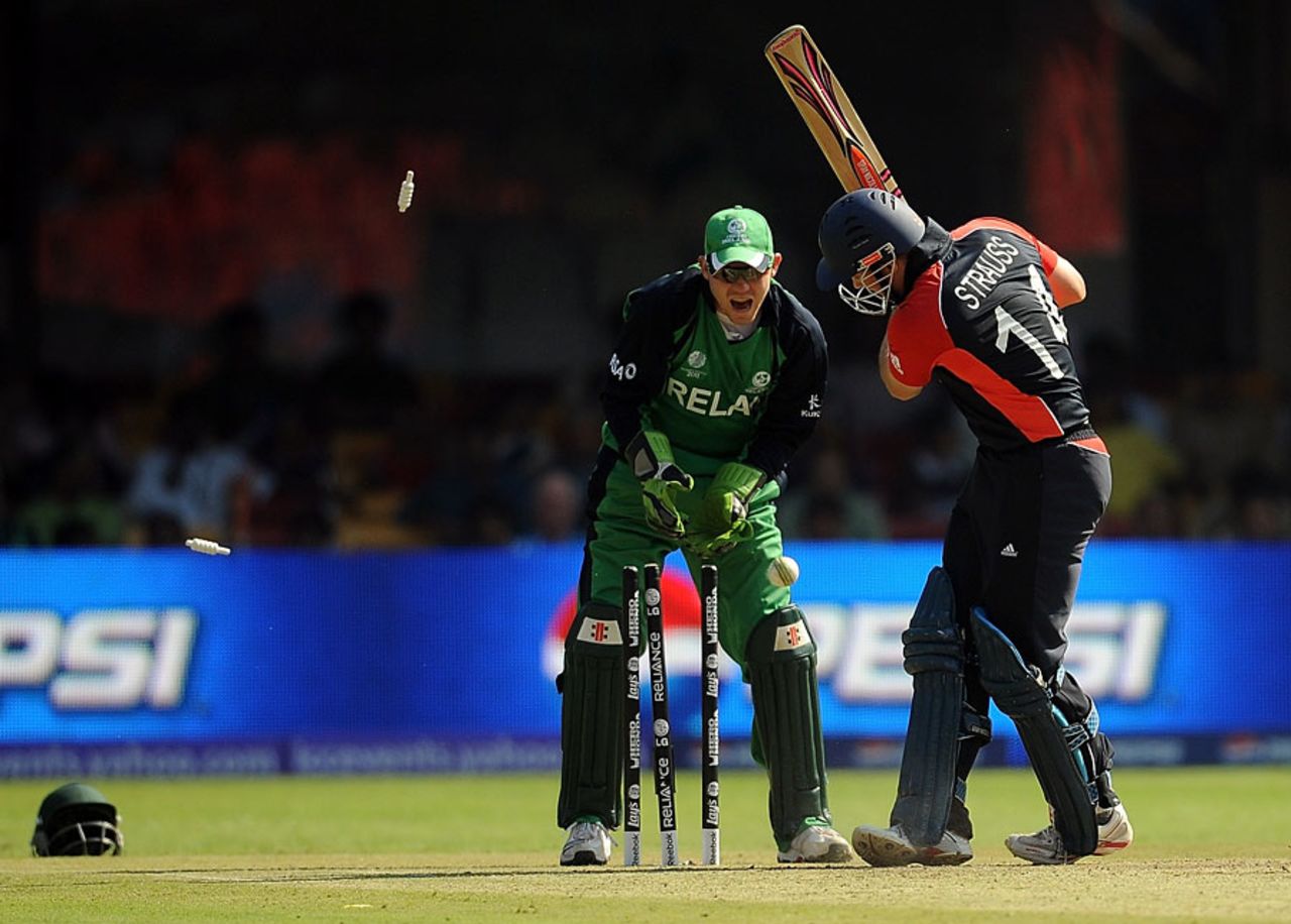 Andrew Strauss fell for 34 on his 34th birthday when he was defeated George Dockrell, England v Ireland, World Cup 2011, Bangalore, March 2, 2011