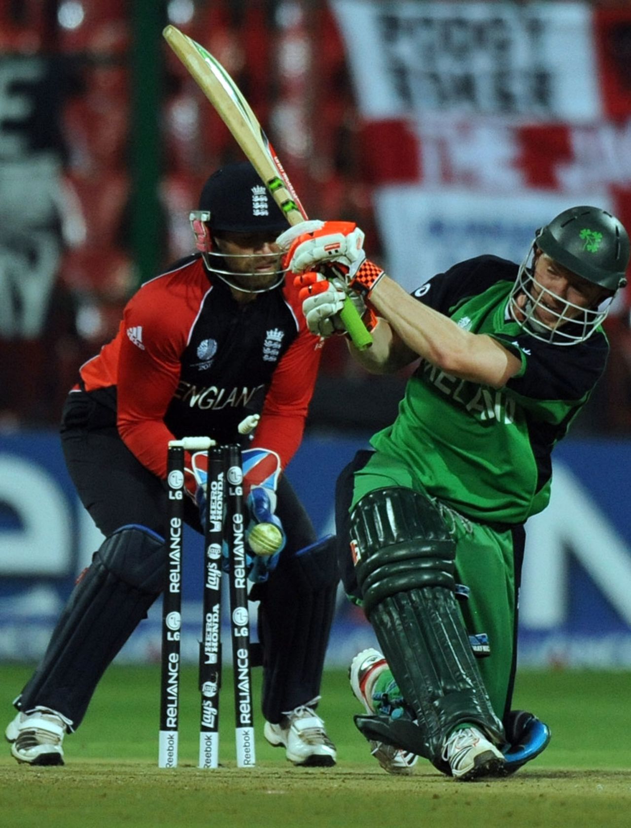 Niall O'Brien took on the slog sweep and was bowled for 29, England v Ireland, World Cup 2011, Bangalore, March 2, 2011
