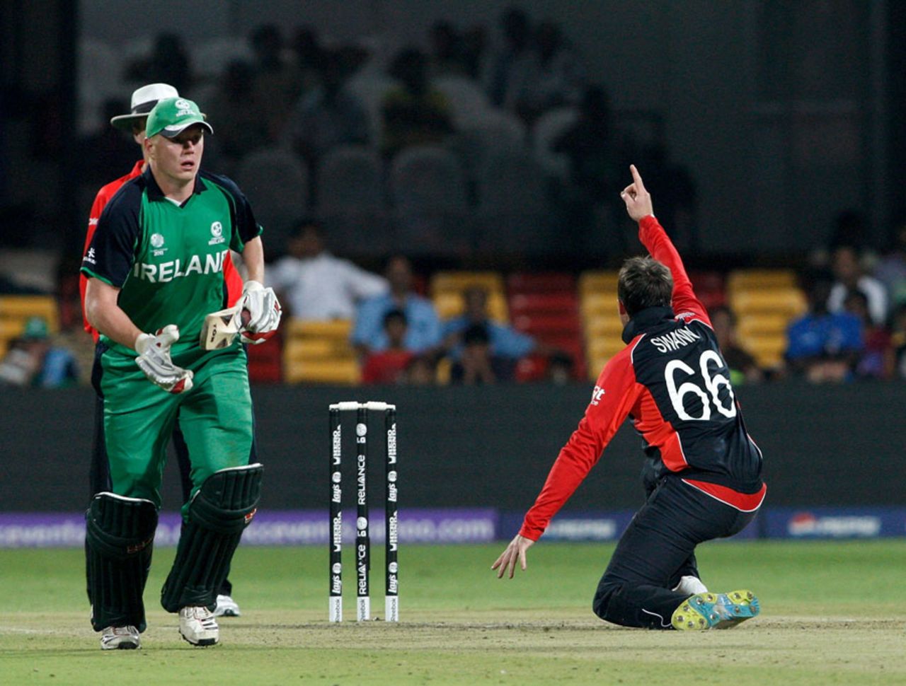 Graeme Swann successfully appealed for lbw against Gary Wilson, England v Ireland, World Cup 2011, Bangalore, March 2, 2011