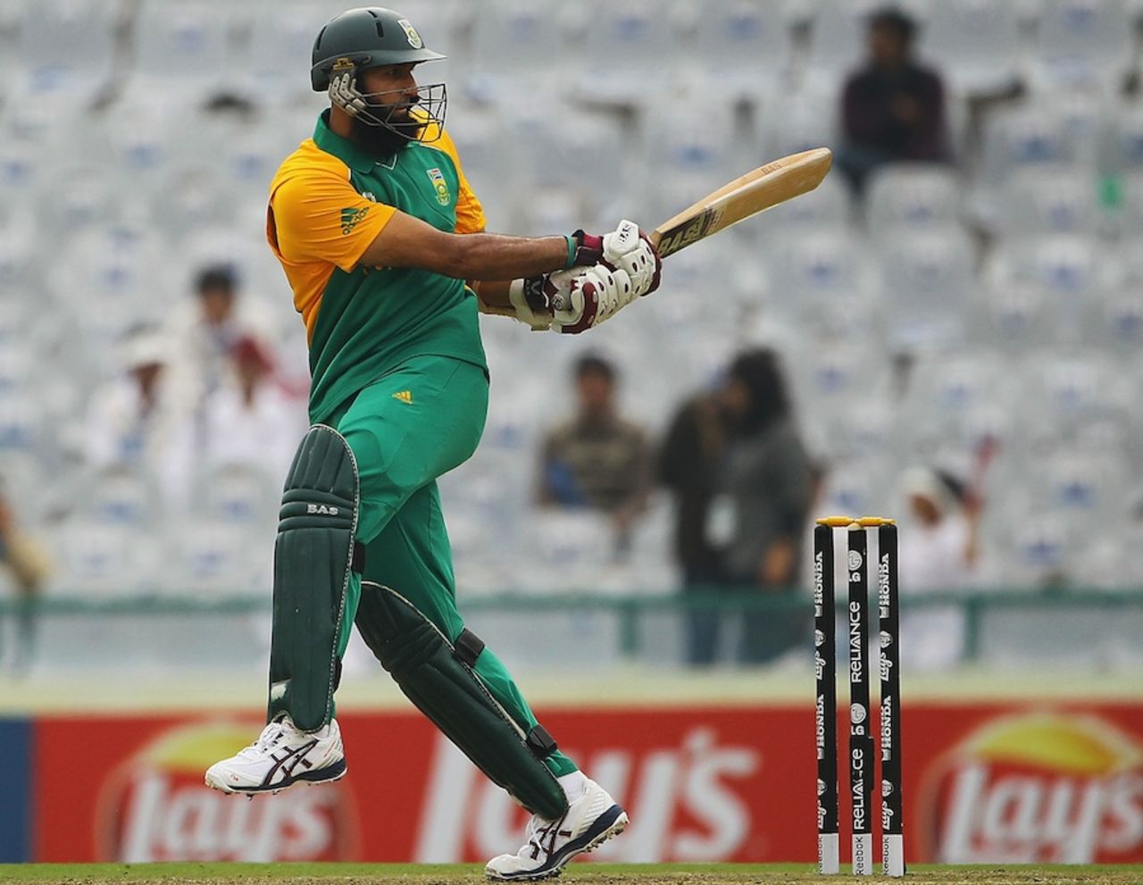 Hashim Amla plays the pull on a cloudy morning, Netherlands v South Africa, World Cup 2011, Mohali, March 3, 2011
