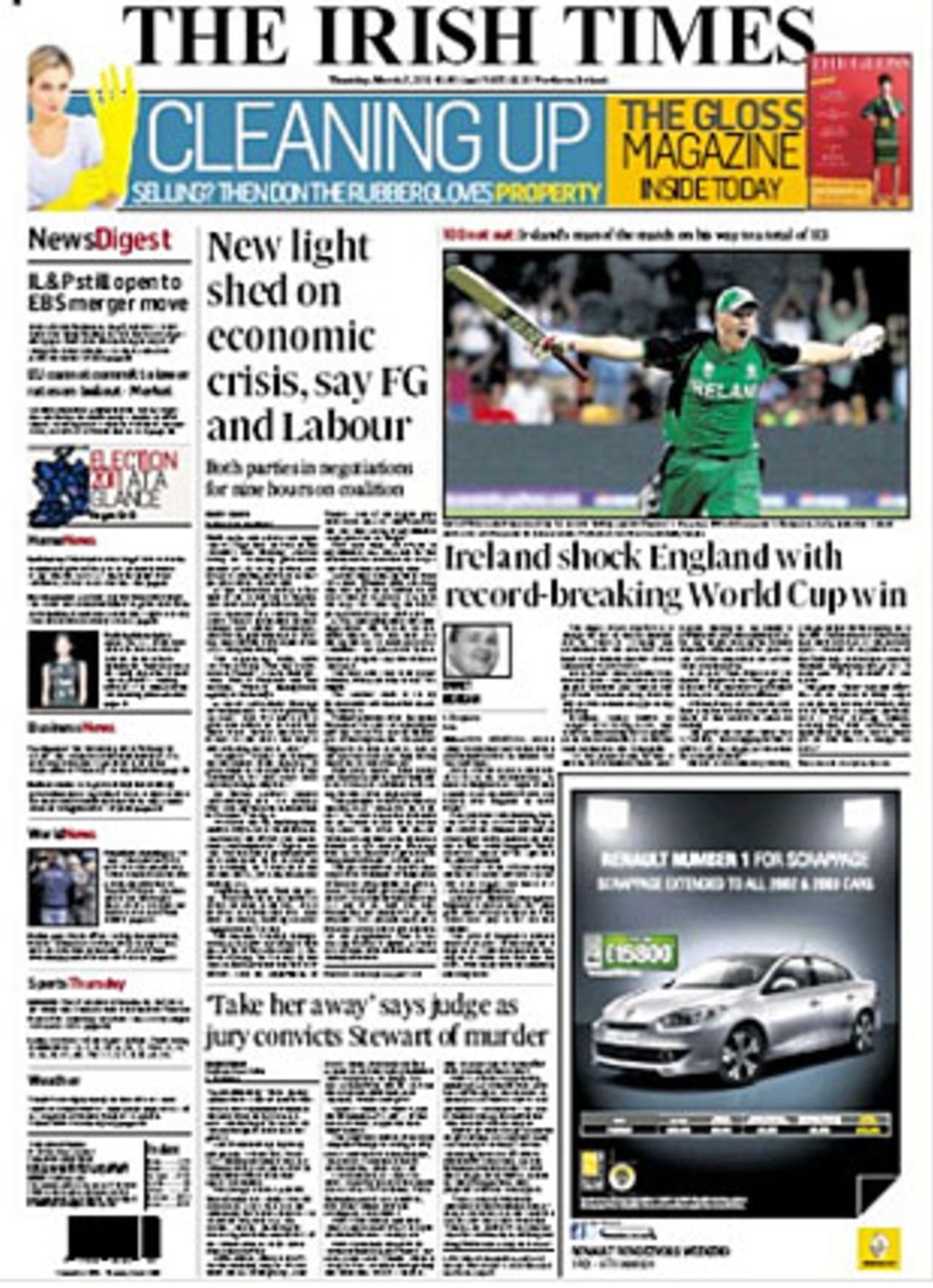 Ireland's win against England makes it to the front page of the <i>Irish Times</i> , England v Ireland, Group B, World Cup, Bangalore, March 2, 2011