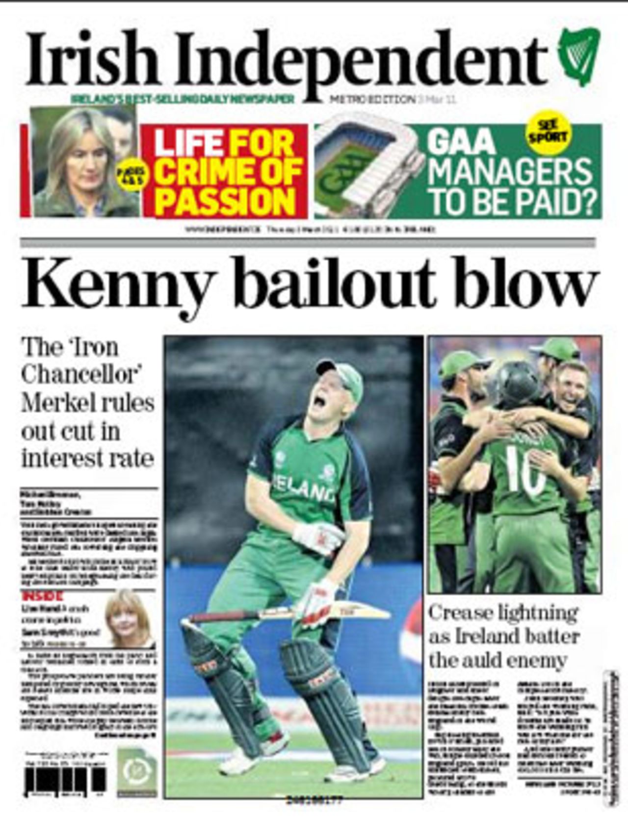 Ireland's World Cup win over England made the front page of the <i>Irish Independent</i>, England v Ireland, Group B, World Cup, Bangalore, March 2, 2011