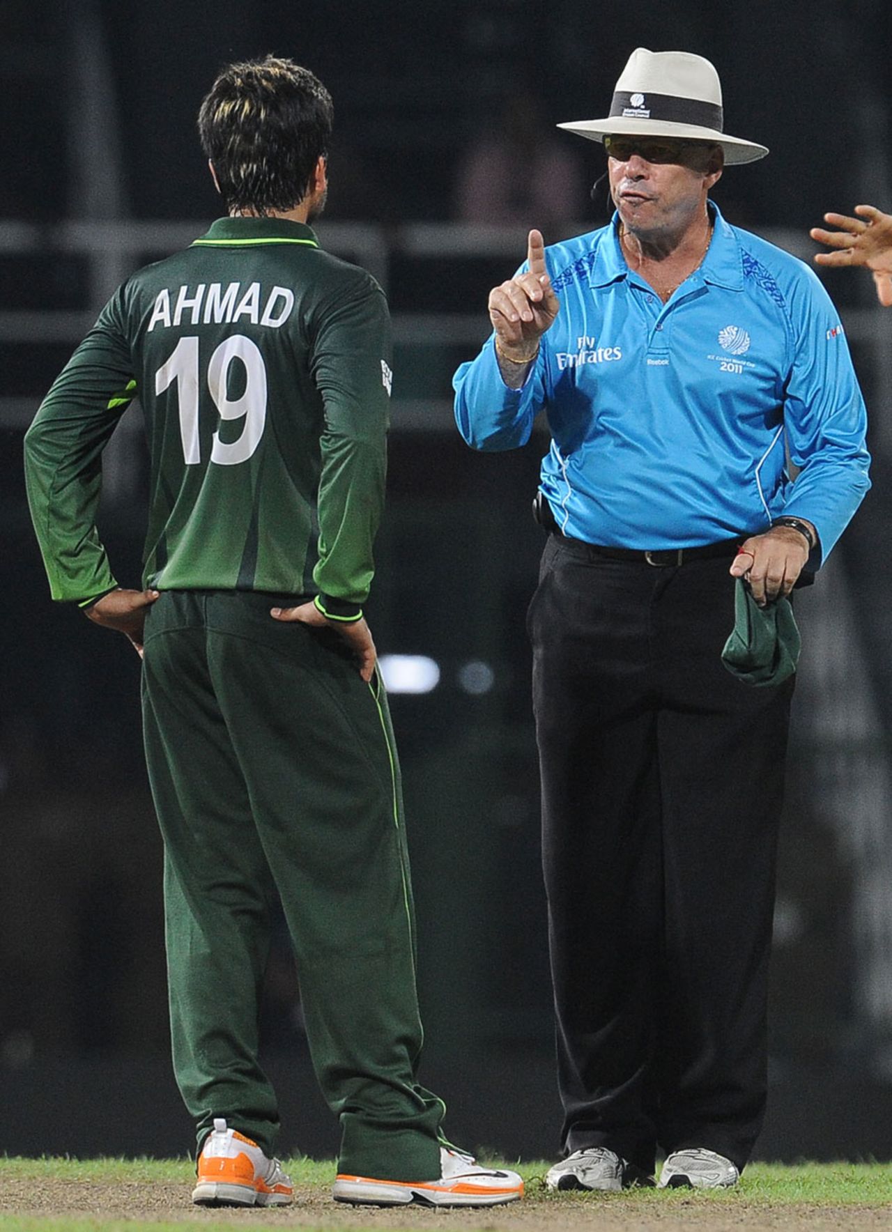 Umpire Daryl Harper warns Ahmed Shehzad not to talk too much to the batsman, Canada v Pakistan, Group A, World Cup 2011, Colombo, March 3, 2011