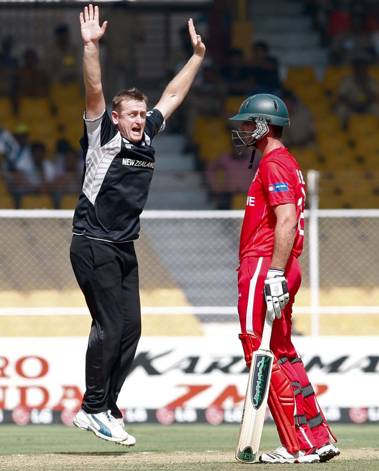 Scott Styris is delighted to send Brendan Taylor back, New Zealand v Zimbabwe, Group A, World Cup 2011, Motera, March 4, 2011