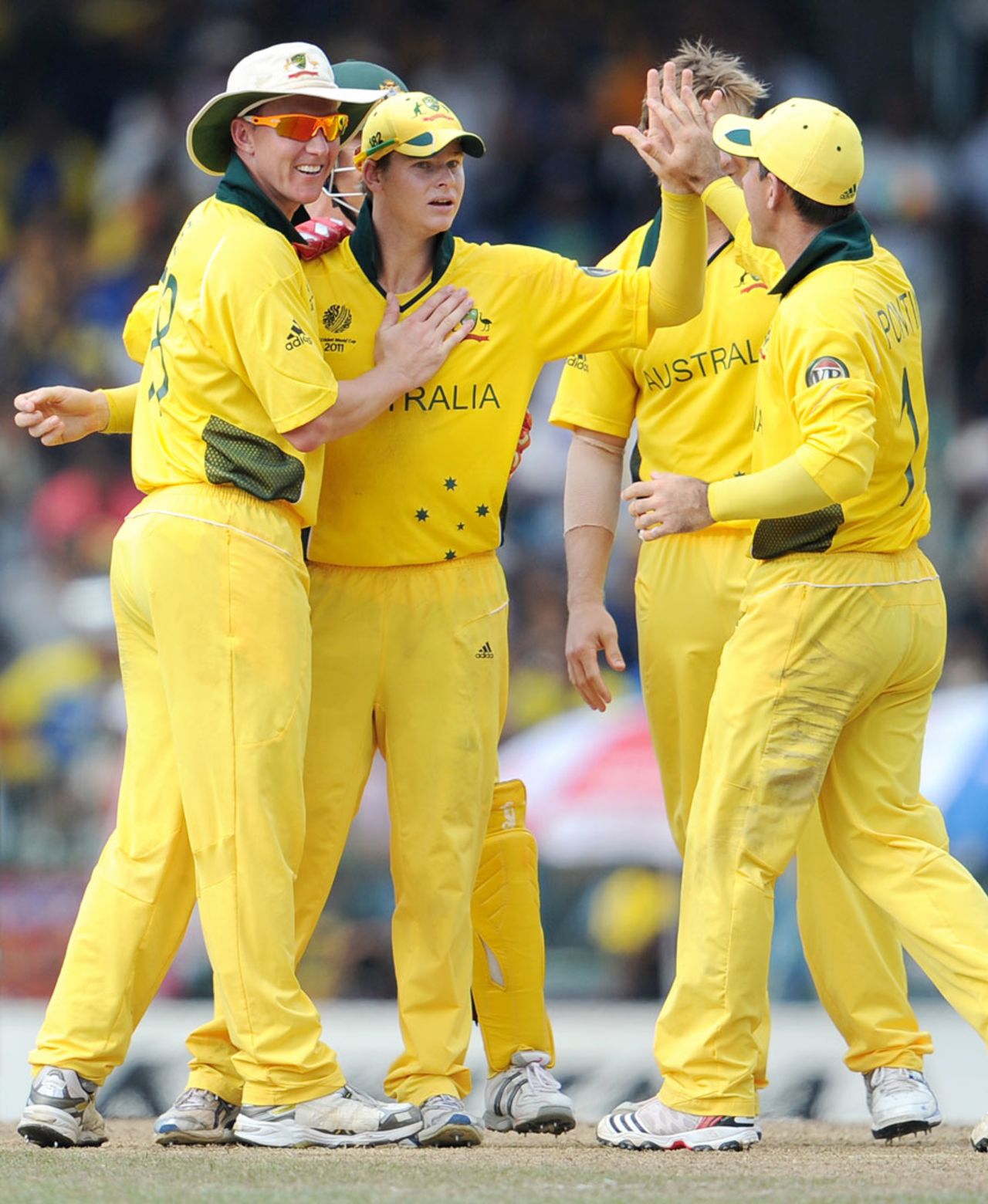 Team-mates congratulate Steven Smith on running out Mahela Jayawardene, Sri Lanka v Australia, Group A, World Cup 2011, Colombo, March 5, 2011