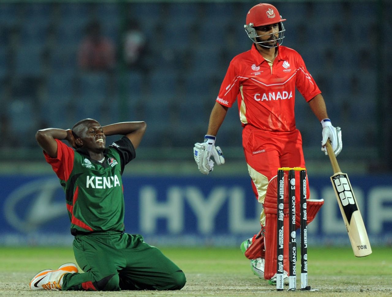 James Ngoche reacts to a dropped catch off his bowling, Canada v Kenya, Group A, World Cup, Delhi, March 7, 2011