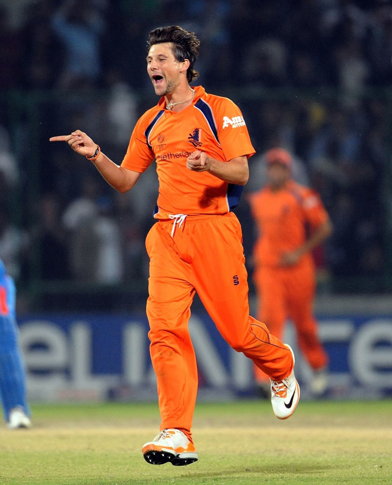 Pieter Seelaar celebrates after dismissing Virender Sehwag, India v Netherlands, Group B, World Cup, Delhi, March 9, 2011