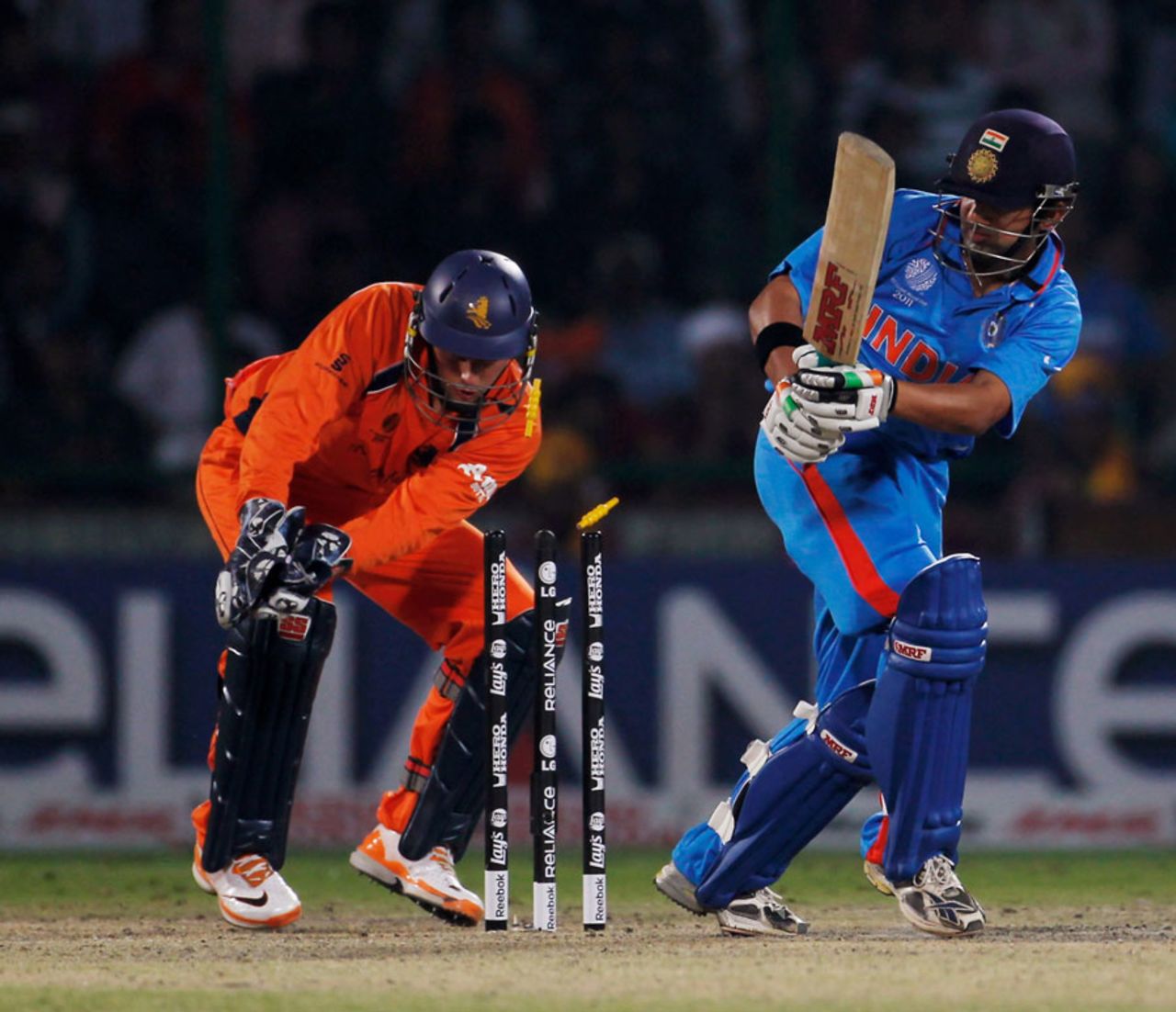 Gautam Gambhir is bowled round his legs, India v Netherlands, Group B, World Cup, Delhi, March 9, 2011