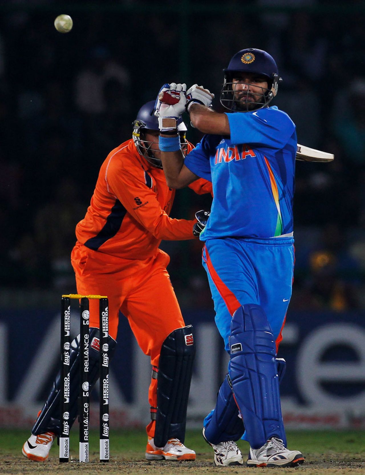 Yuvraj Singh pulls one away during his third consecutive half-century, India v Netherlands, Group B, World Cup, Delhi, March 9, 2011
