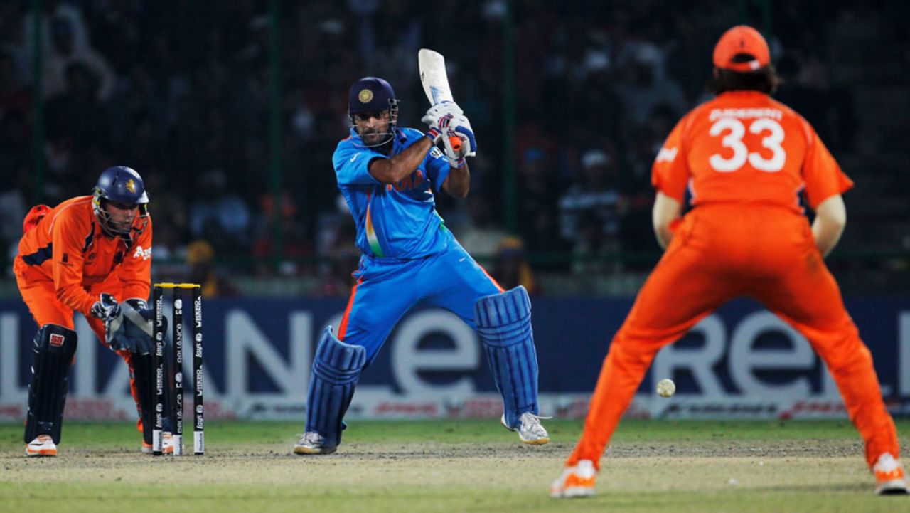 MS Dhoni looks to pierce the off-side field, India v Netherlands, Group B, World Cup, Delhi, March 9, 2011