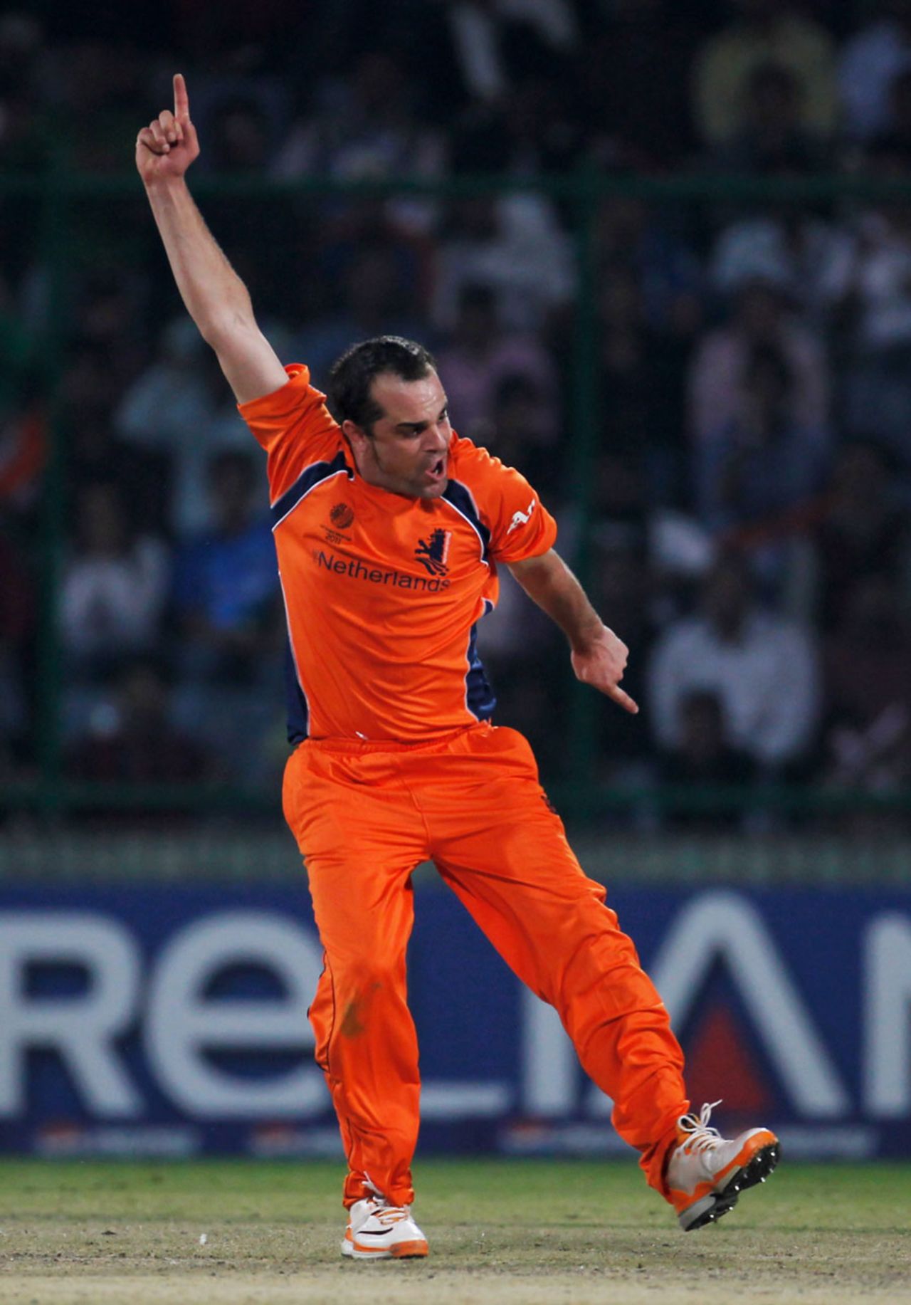 Peter Borren celebrates dismissing Virat Kohli, India v Netherlands, Group B, World Cup, Delhi, March 9, 2011