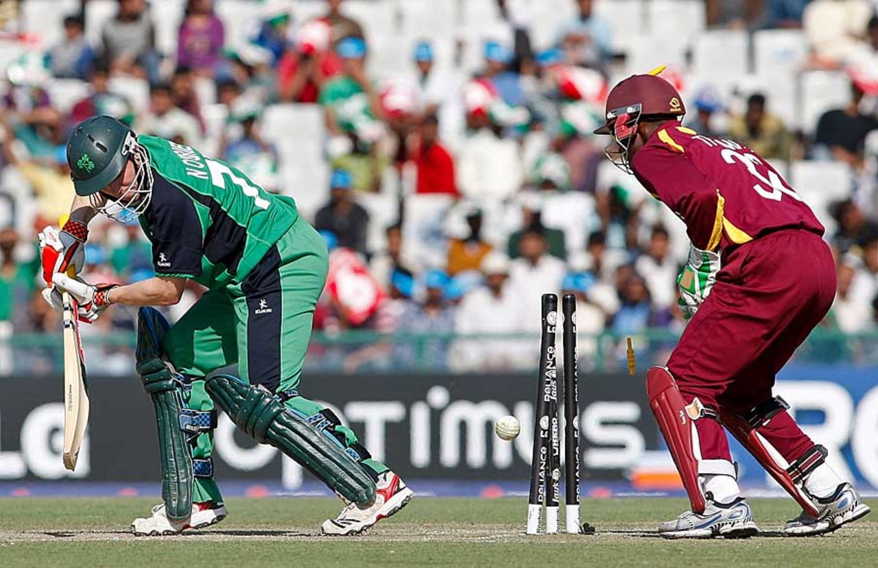 Niall O'Brien is bowled by Sulieman Benn, Ireland v West Indies, Group B, World Cup, Mohali, March 11, 2011