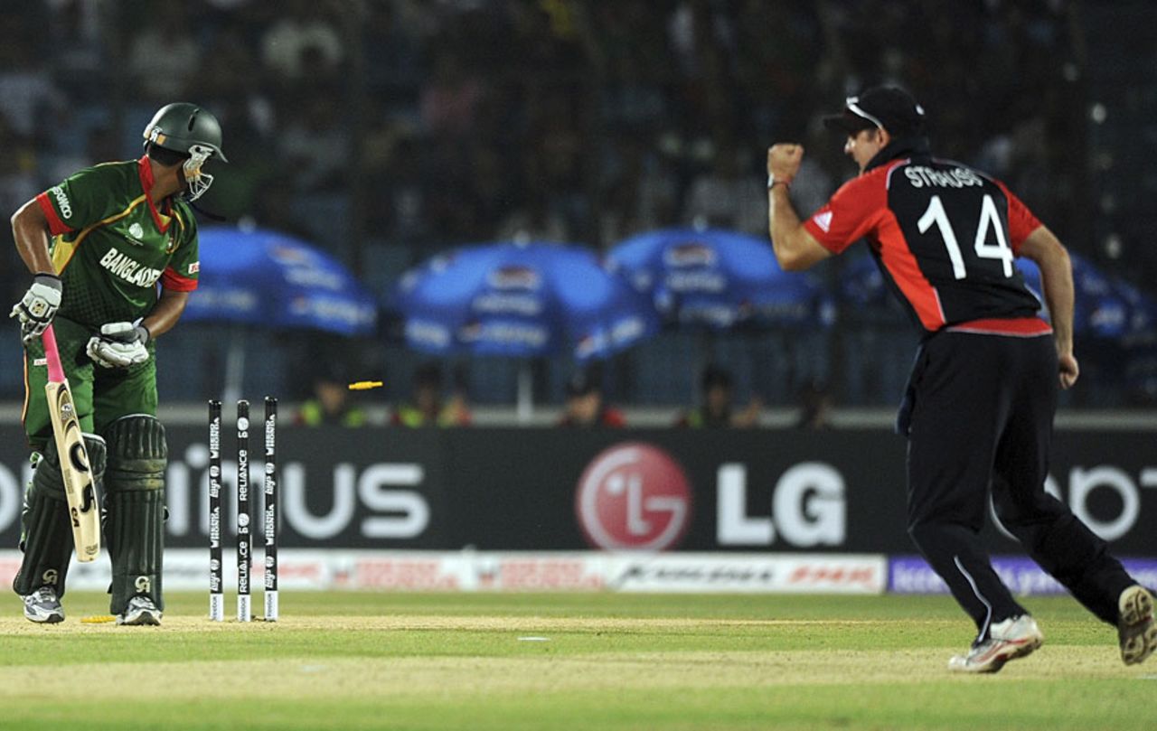 Relief for Andrew Strauss and England when Tamim Iqbal was dismissed, Bangladesh v England, Group B, World Cup, Chittagong, March 11, 2011