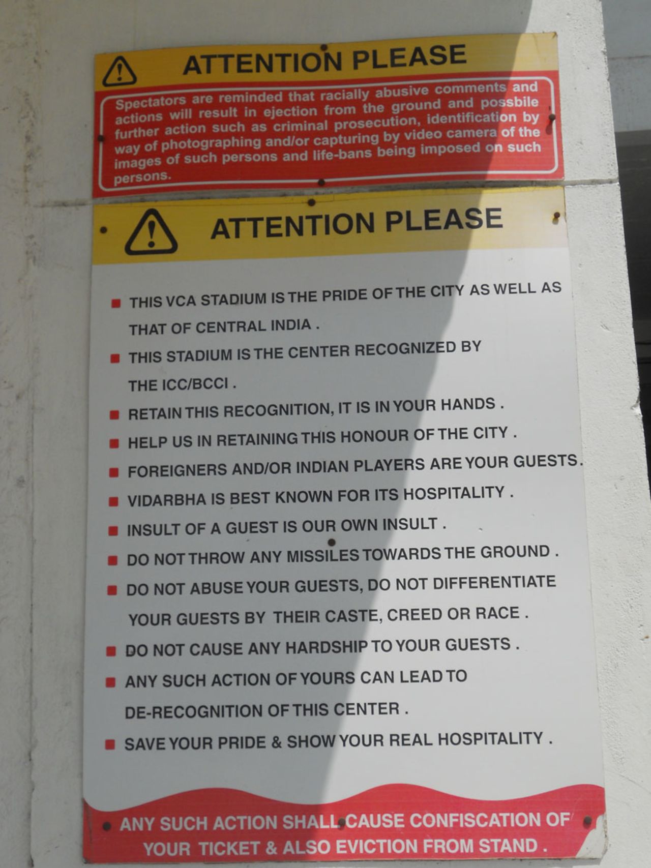 A notice for the fans at the Vidarbha Cricket Association Stadium, Nagpur, March 12, 2011
