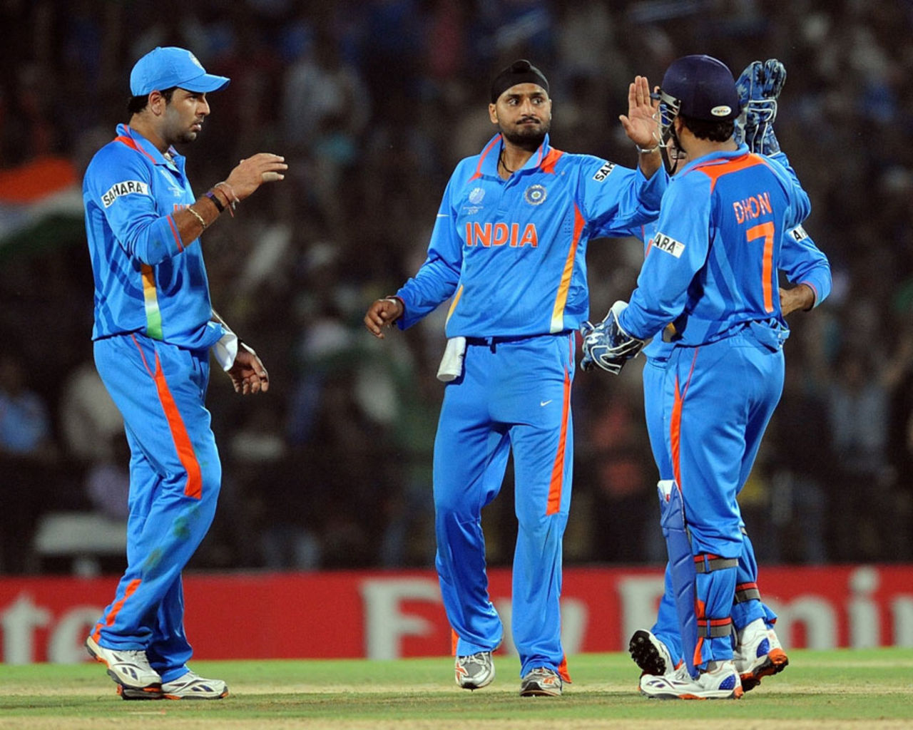 Harbhajan Singh is congratulated on dismissing Hashim Amla, India v South Africa, Group B, World Cup, Nagpur, March 12, 2011