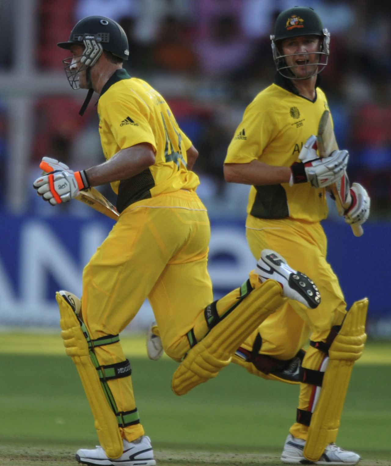 Michael Clarke and Michael Hussey run between the wickets, Australia v Kenya, World Cup 2011, Group A, Bangalore, March 13, 2011