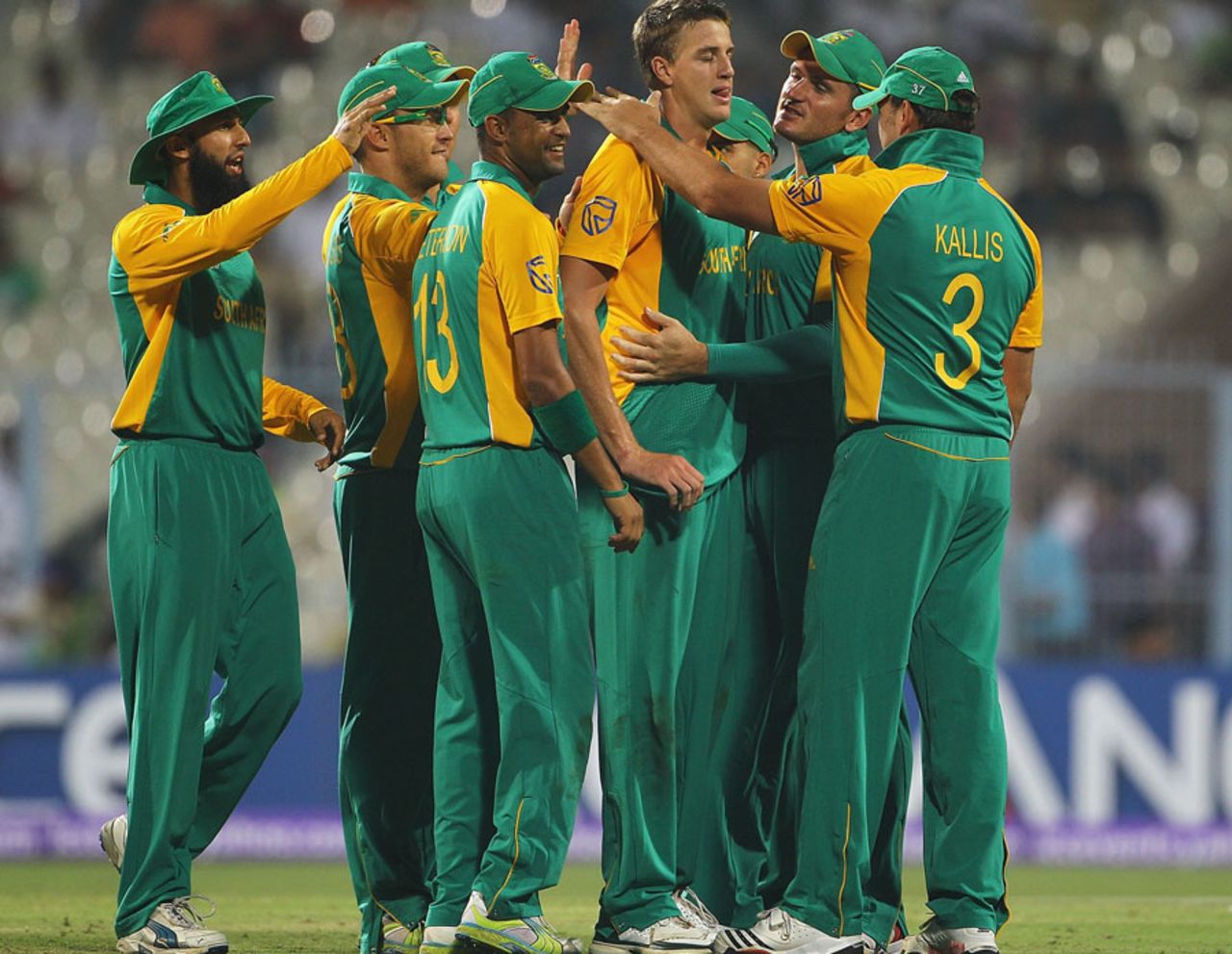 South Africa get-together after Paul Stirling's dismissal, Ireland v South Africa, Group B, World Cup, Kolkata, March 15, 2011
