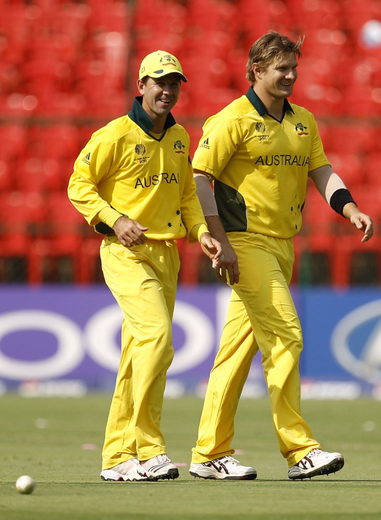 Ricky Ponting and Shane Watson are all smiles after Hiral Patel's dismissal, Australia v Canada, Group A, World Cup, Bangalore, March 16, 2011