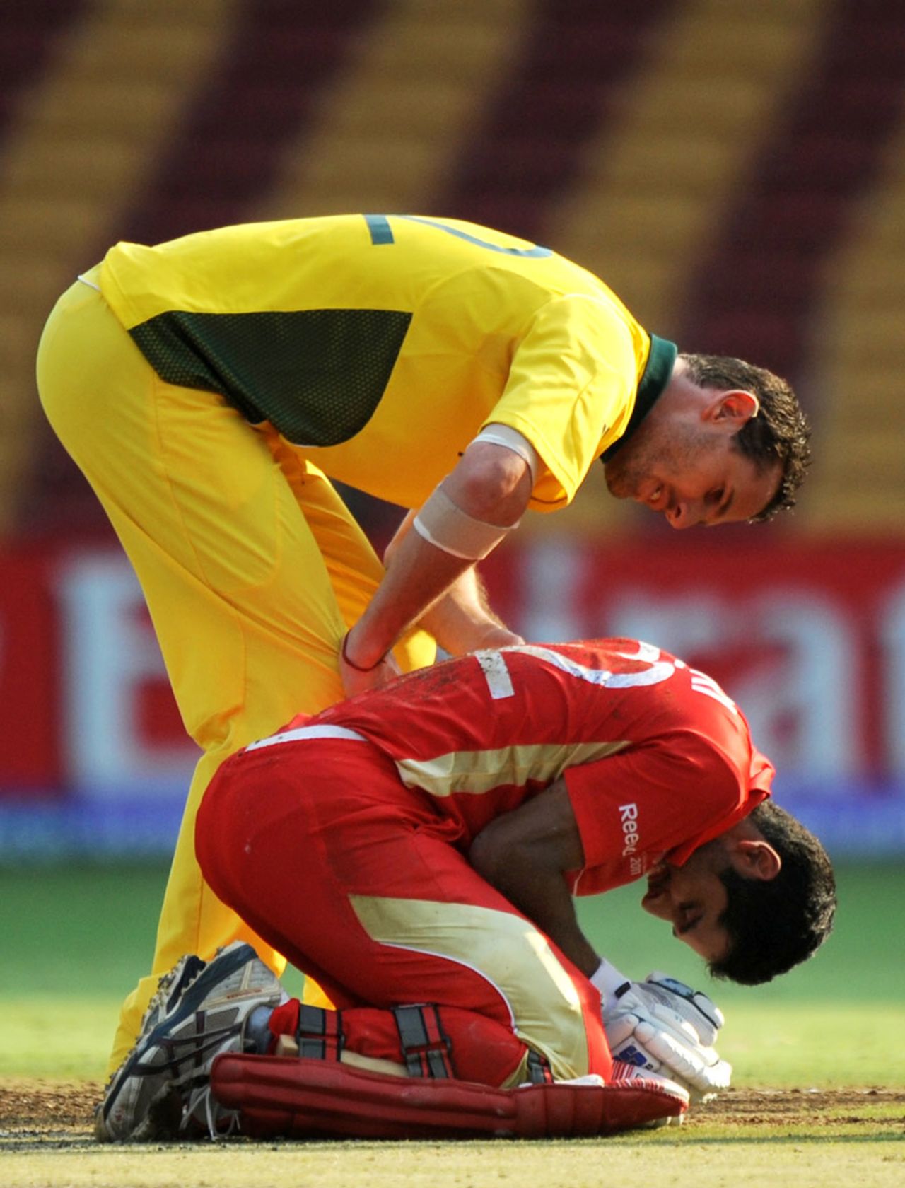 Shaun Tait checks on Zubin Surkari after he was hit by a short ball, Australia v Canada, Group A, World Cup, Bangalore, March 16, 2011