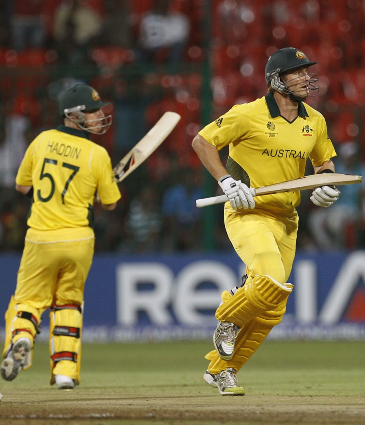 Brad Haddin and Shane Watson take a run during their big opening stand, Australia v Canada, Group A, World Cup, Bangalore, March 16, 2011