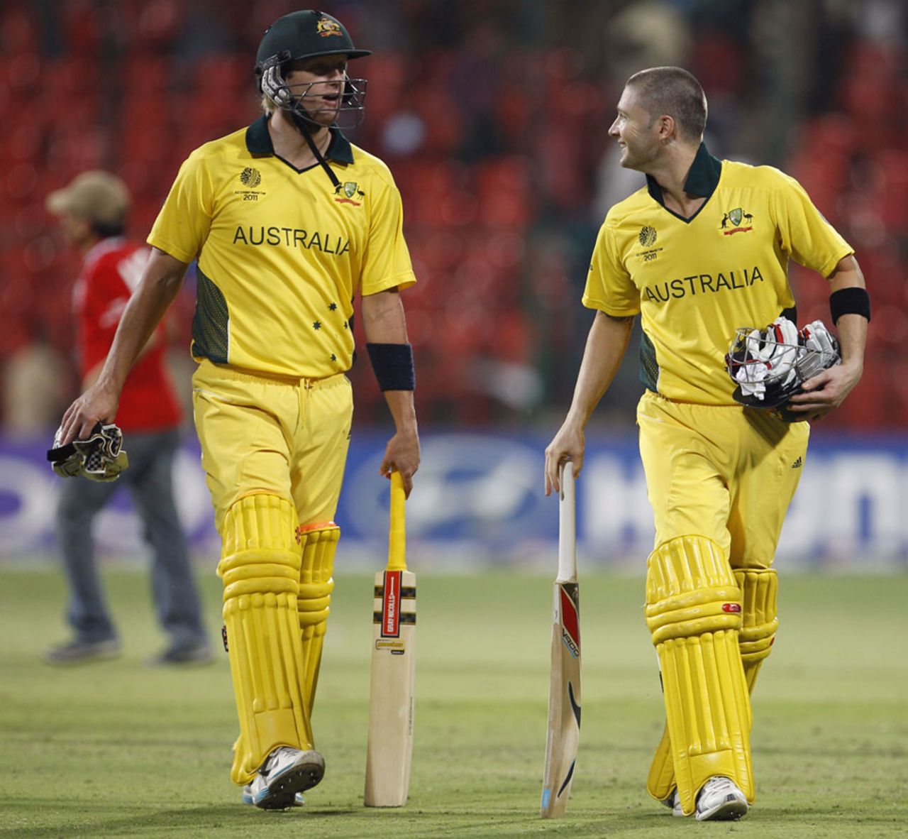 Cameron White and Michael Clarke walk off after Australia'a win, Australia v Canada, Group A, World Cup, Bangalore, March 16, 2011