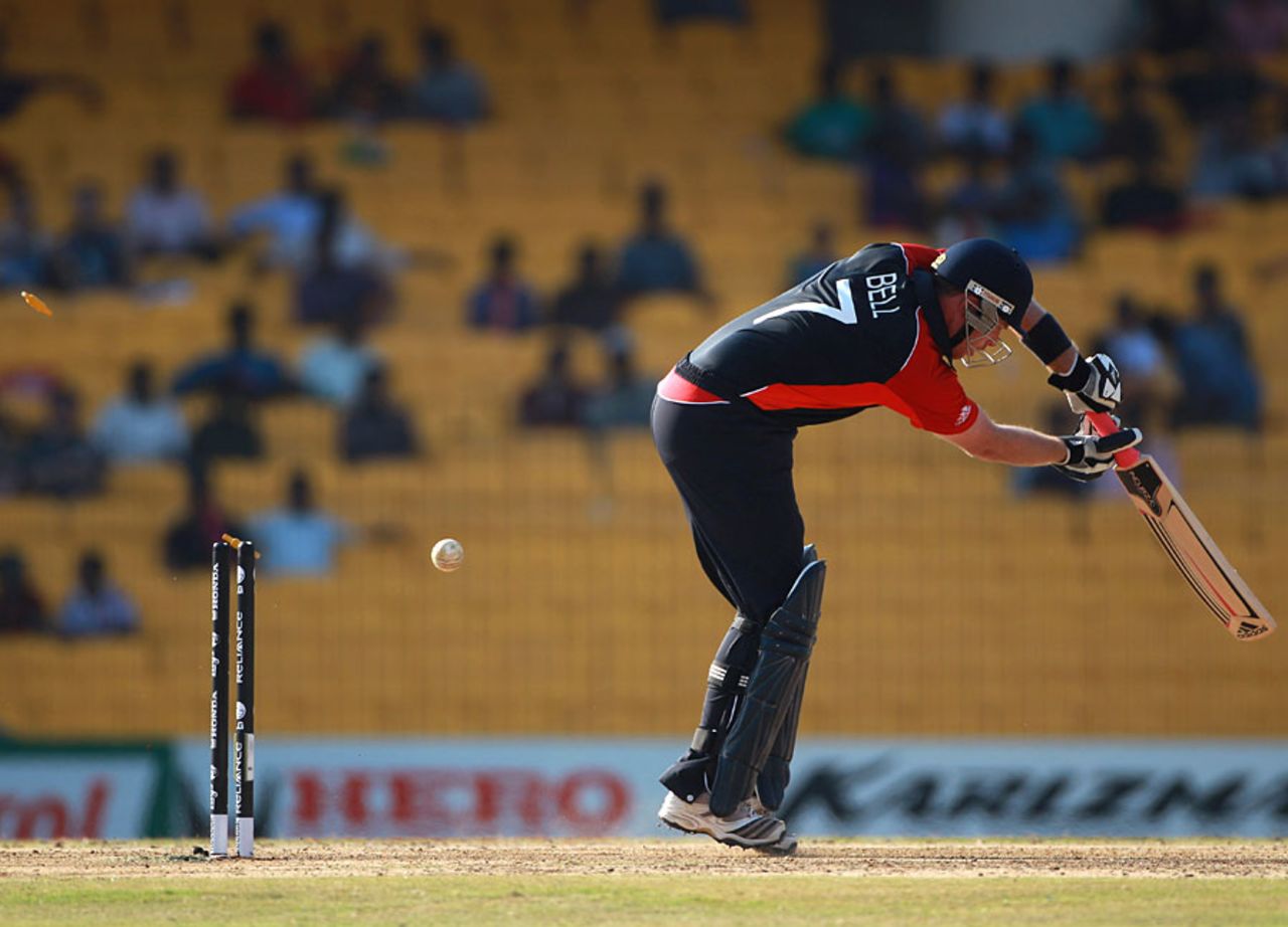 Ian Bell was becalmed before Kemar Roach burst through his defence, England v West Indies, World Cup, Group B, March 17, 2011