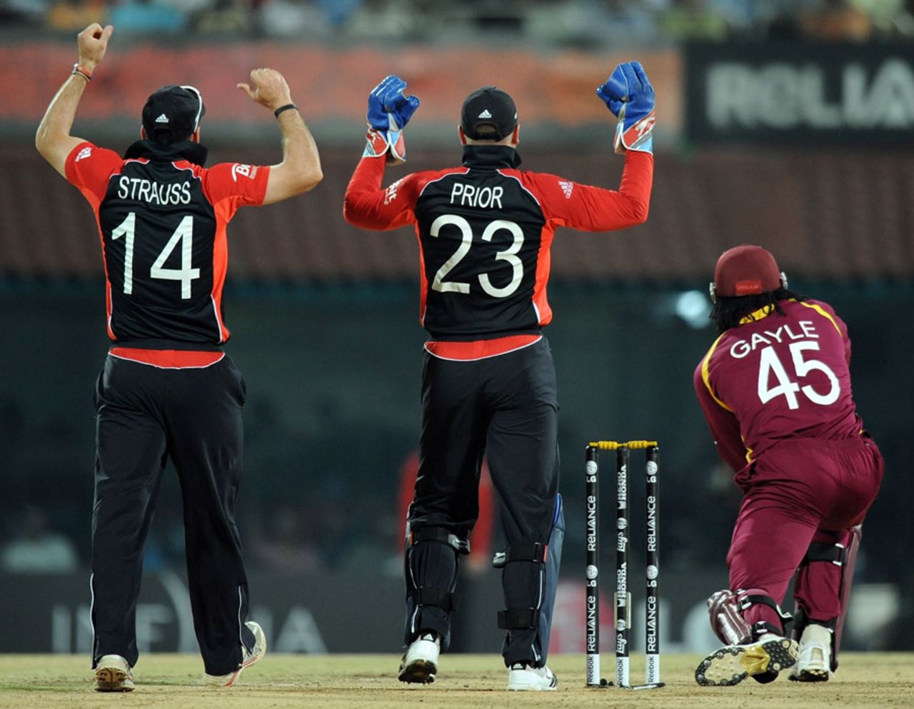 Chris Gayle's brutal innings of 43 from 21 balls was ended by an lbw to James Tredwell, England v West Indies, World Cup, Group B, March 17, 2011