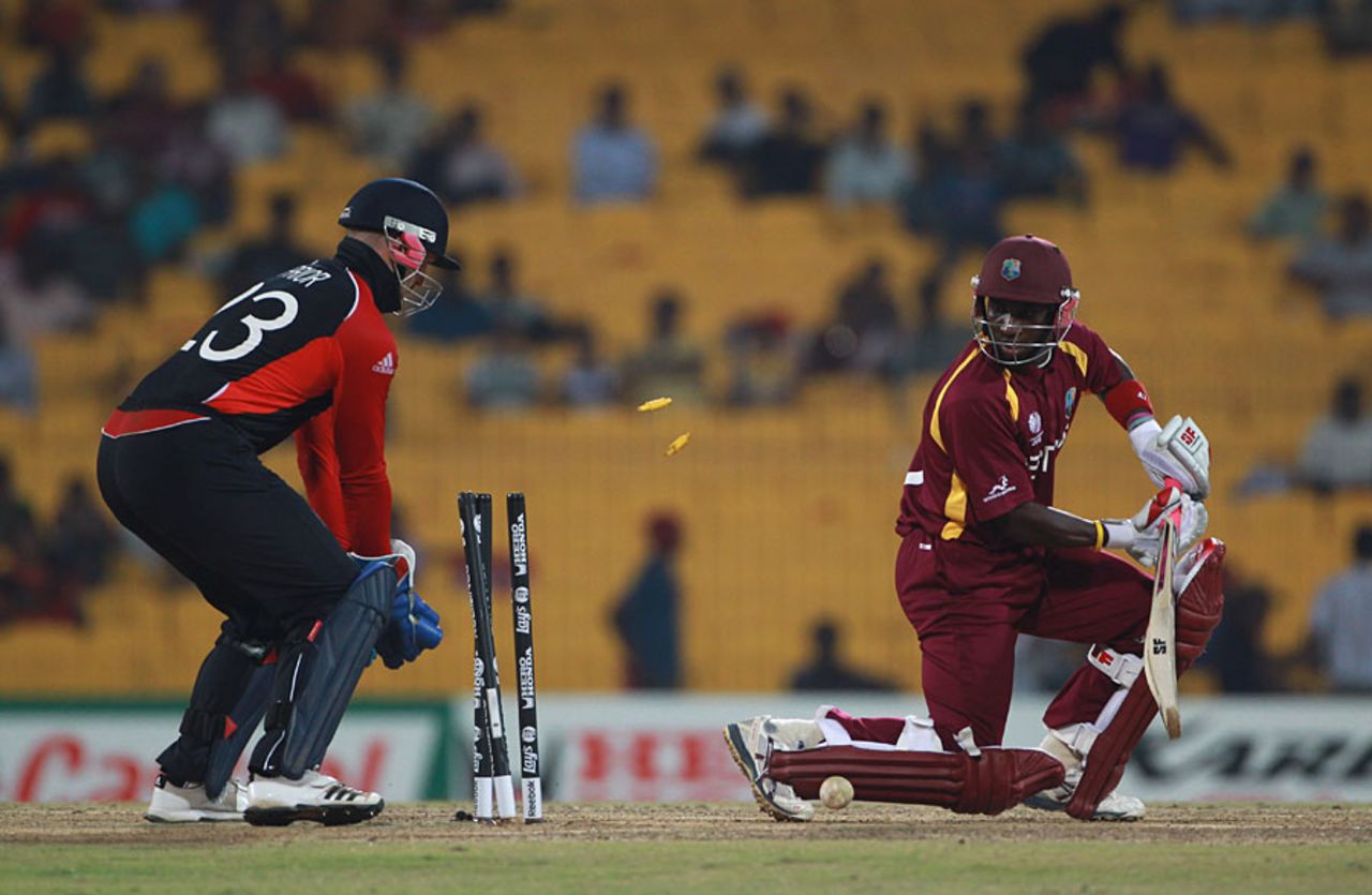 Devon Thomas got an inside edge to end his innings, England v West Indies, World Cup, Group B, March 17, 2011