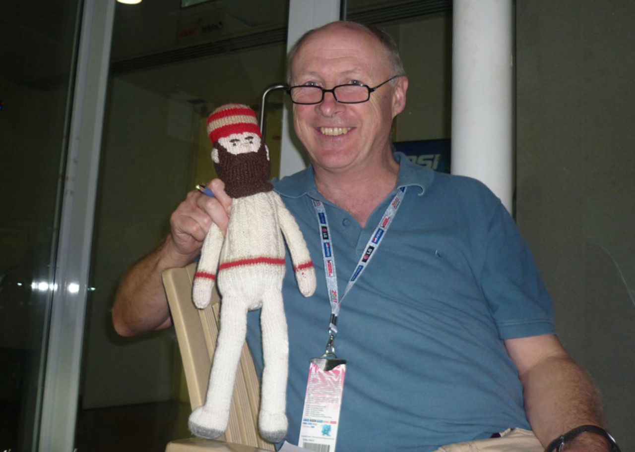 Vic Marks poses with a doll of WG Grace, World Cup 2011, Chennai, March 17, 2011