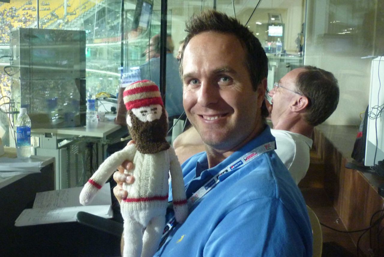 VMichale Vaughan has his turn at holding woolly WG Grace, World Cup 2011, Chennai, March 17, 2011