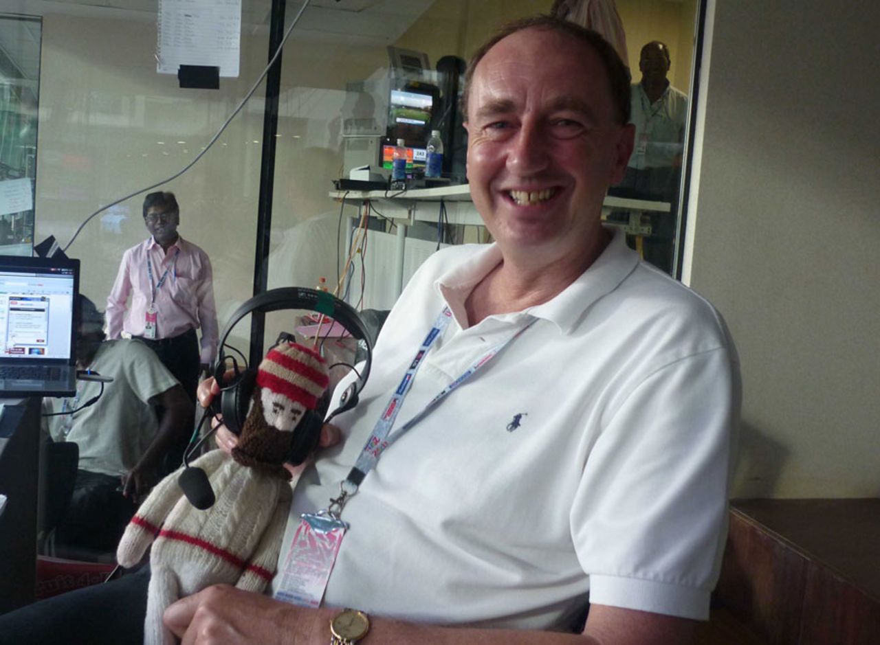 Jonathan Agnew takes a break while woolly WG Grace gets the headset on, World Cup 2011, Chennai, March 17, 2011