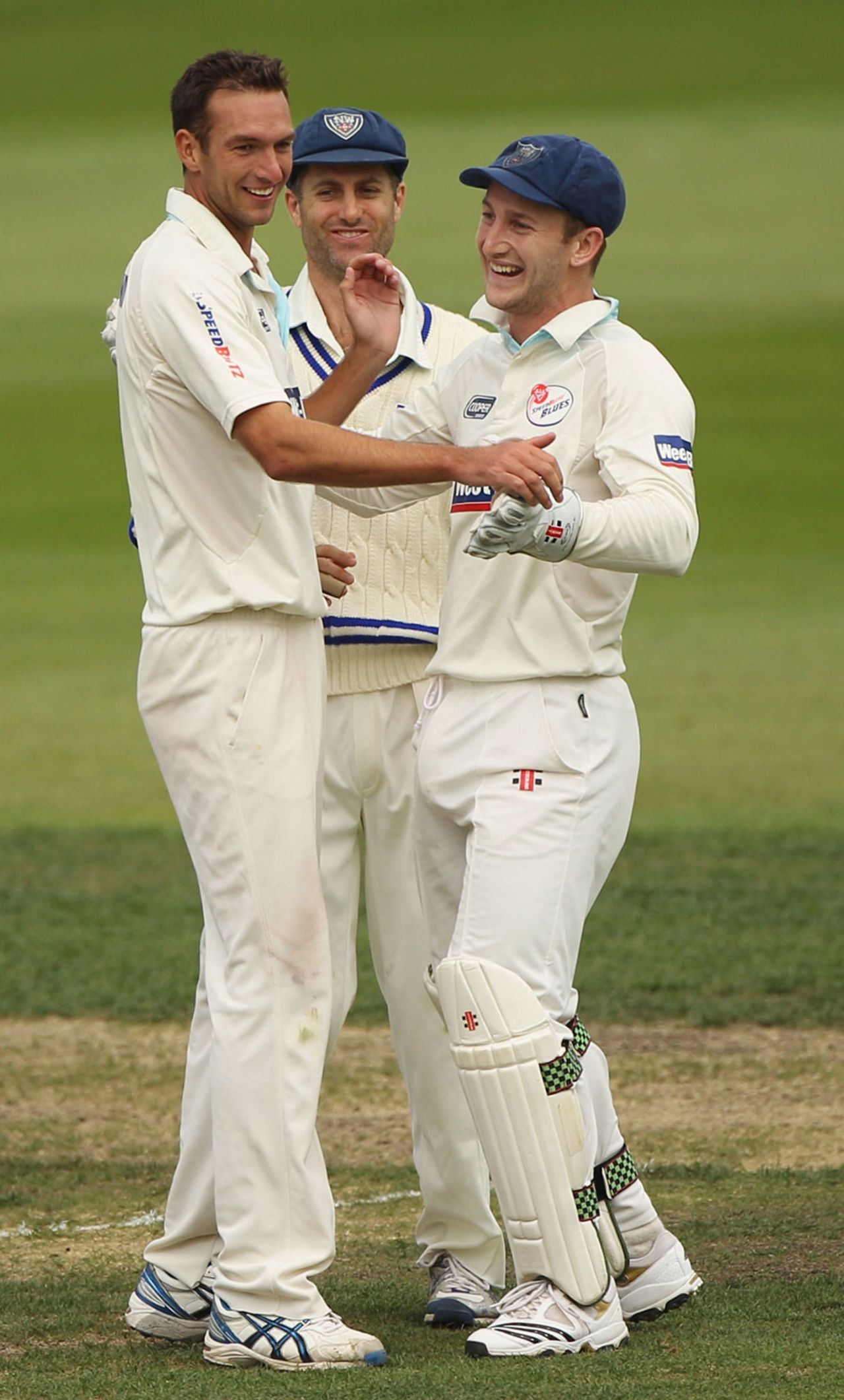 Trent Copeland is congratulated by team-mates on dismissing Mark Cosgrove, Tasmania v New South Wales, Sheffield Shield Final, Hobart, 3rd day, March 19, 2011