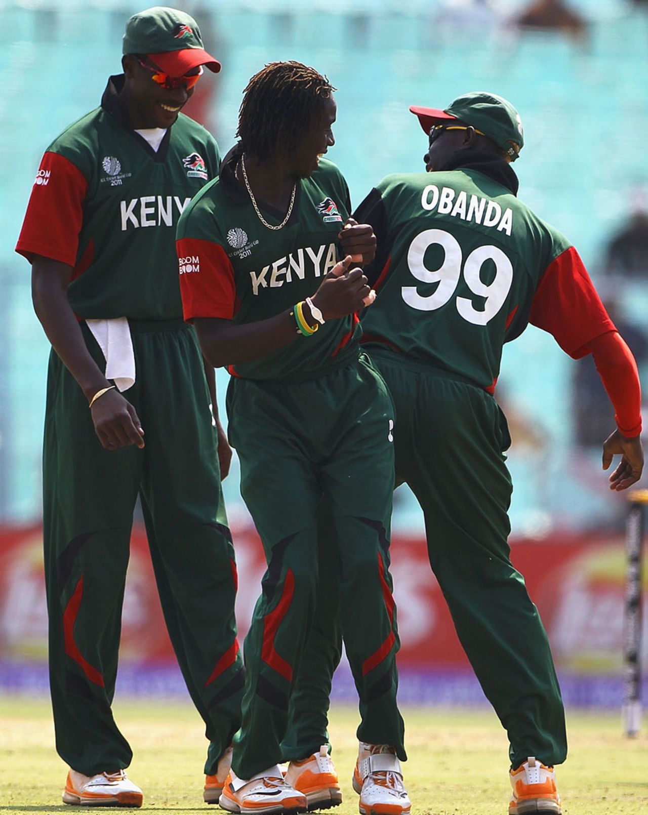 Nehemiah Odhiambo and Alex Obanda with their version of celebrating the fall of a wicket, Kenya v Zimbabwe, Group A, World Cup 2011, Kolkata, March 20, 2011