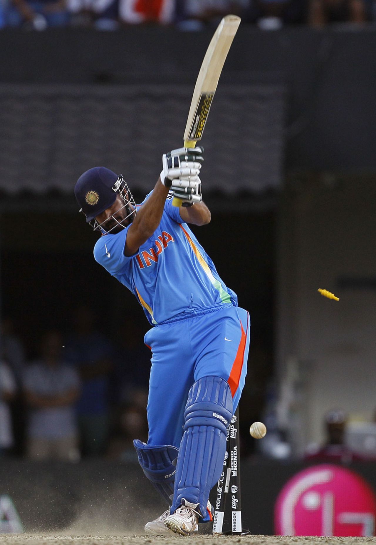 Yusuf Pathan has his wickets disturbed, India v West Indies, Group B, World Cup 2011, March 20, 2011