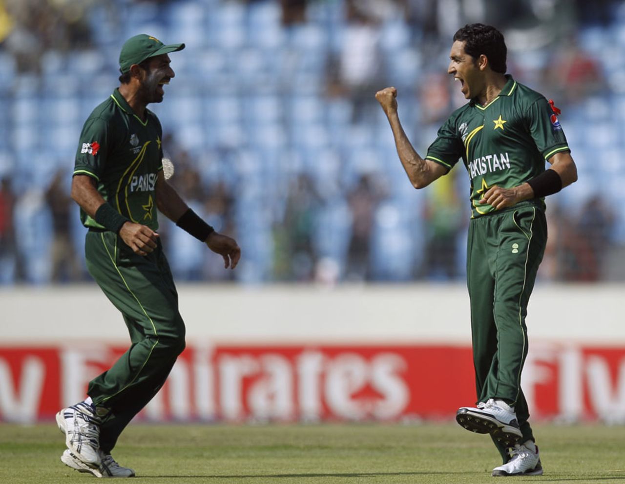 Umar Gul celebrates Chris Gayle's dismissal, Pakistan v West Indies, 1st quarter-final, World Cup 2011, March 23, 2011