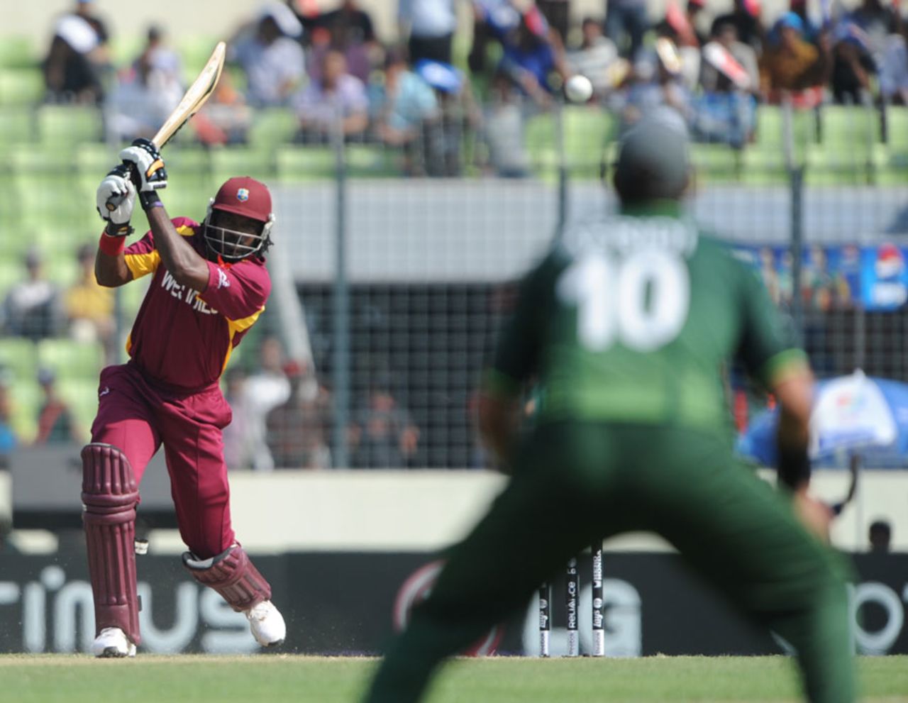Chris Gayle plays on the up straight into the hands of Shahid Afridi, Pakistan v West Indies, 1st quarter-final, World Cup 2011, March 23, 2011