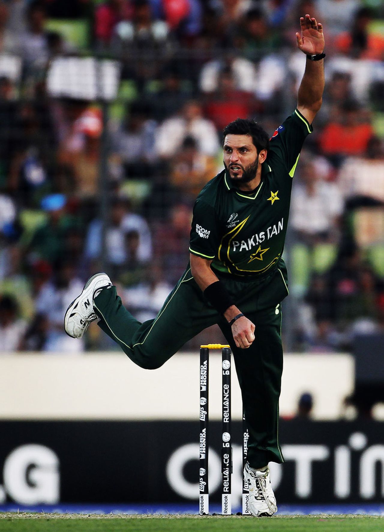 Shahid Afridi after his delivery stride, West Indies v Pakistan, 1st quarter-final, World Cup 2011, March 23, 2011